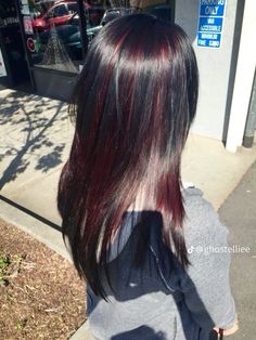 Dark Red Hair Streaks, Cherry Red Highlights In Black Hair, Blackberry Highlights, Red Streak In Brown Hair, Burgundy Highlights On Black Hair, Dark Hair Red Highlights, Red Hair Streaks, Black Red Hair, Inspo Hair