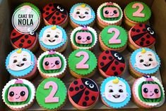 a box filled with cupcakes decorated like ladybugs