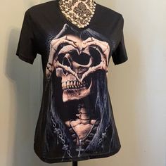 Brand New Never Worn Skull Tee. Ordered Online And It Says Medium But More Like A Small Size. Back Scripture Says I Love You In Neon Green Black Rocker Tops With Skull Print, Black Rocker Top With Skull Print, Black Rocker Style Top With Skull Print, Black Gothic Skull Top, Skull Tee, Say I Love You, Neon Green, Order Online, I Love You