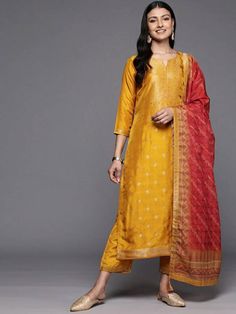 *Floral Embroidered Kurta with Trousers & With Dupatta Silk Kurta Sets / Pakistani Salwar Kameez / Indian Wedding Dress / Plus Size Cotton Dress Traditional Indian Wear / Salwar Kameez Dupatta / Kurti Palazzo Set *Mustard yellow & pink embroidered Kurta with Trousers with dupatta *Kurta design:- * Floral embroidered * Straight shape * Regular style * V-neck, three-quarter regular sleeves * Zari detail * Calf length with straight hem * Silk blend fabric *Trousers design:- * Solid Trousers * Elast Yellow Kurta Set For Haldi, Mustard Kurta For Women, Yellow Straight Kurti, Yellow Kurti, Kurta Sets For Women, Kurti Style, Kurti Palazzo, Diwali Outfits, Yellow Lehenga