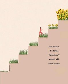 a child is walking up some stairs with sunflowers on the top and bottom