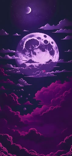 the full moon shines brightly in the night sky above some clouds and stars, as well as pink hues