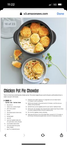 the website is displayed with an image of chicken pot pie chowder and other food items