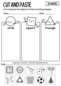 cut and paste worksheet for children to practice their matching shapes with the words cut and paste