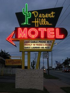 #NeonSigns #BrightIdeas #NeonSignNames #NeonInspiration #NeonRoom #RoomDecor Desert Grunge, Old Neon Signs, Desert Hills, Retro Signage, Desert Aesthetic, Route 66 Road Trip, Bg Design, Vintage Neon Signs, Retro Sign