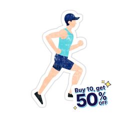 a man running with the words buy 10 get 50 % off on his sticker