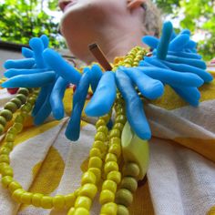 blue semitranslucent polymer beaded necklace by bbppdesigns, $30.00 Unique Blue Wooden Beads, Blue Wooden Beads, Handmade Blue Wearable Art Necklace, Handmade Blue Necklace In Wearable Art Style, Unique Blue Wooden Beaded Necklaces, Unique Blue Beaded Necklace For Beach, Unique Blue Beaded Necklace For The Beach, The Flintstones, Polymer Beads