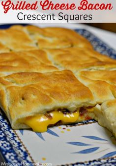 the recipe for grilled cheese bacon crescent squares is displayed on a plate with blue and white designs