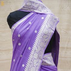 Purple Pure Georgette Handloom Banarasi Ashrafi Boota Saree - Khinkhwab Semi-stitched Silver Pre-draped Saree, Traditional Silver Pre-draped Saree For Eid, Traditional Silver Pre-draped Saree With Cutdana, Traditional Fitted Silver Pre-draped Saree, Silver Bollywood Georgette Saree, Silver Bollywood Saree In Georgette, Silver Georgette Saree With Zari Work, Elegant Georgette Saree With Traditional Patterns, Handloom Georgette Saree