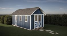 a small blue and white shed sitting on top of a lush green field