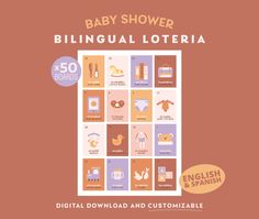 the baby shower bilingual loteria is shown in orange and pink colors, with an image of