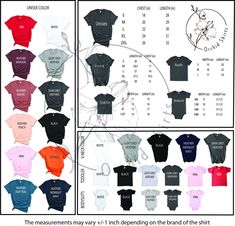 the measurements for t - shirts are shown in different colors