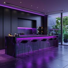 a modern kitchen with purple lighting in the center and bar stools at the end