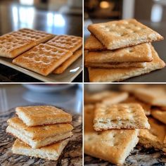 there are four pictures of waffles on the table