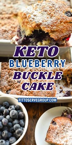 blueberry buckle cake is cut in half and served with fresh berries on the side