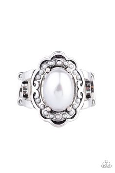 A pearly silver bead is pressed into the center of an antiqued floral frame dotted with dainty silver pearls for a whimsical fashion. Feature a stretchy band for a flexible fit.

 Sold as one individual ring. Live Text, Silver Pearl Ring, Mobile Boutique, Pearl Pin, Floral Frame, Whimsical Fashion, Paparazzi Accessories, Silver Bead, Paparazzi Jewelry