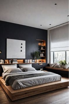 a large bed sitting in the middle of a living room next to a wall mounted book shelf