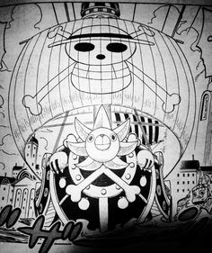 a black and white drawing of a cartoon character on a ship with buildings in the background