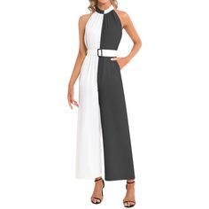 Chiffon, Fabric has slight stretchSleeveless, Long length, Halter neck, High waist, Two inseam pockets, Belted... Belted Strapless Jumpsuit For Workwear, Chic Belted Strapless Jumpsuit For Work, Chic Belted Jumpsuits And Rompers For Spring, Chic Jumpsuits And Rompers With Belt For Workwear, Belted Strapless Sleeveless Jumpsuit, Belted Strapless Jumpsuit, Fitted Belted Strapless Jumpsuit, Sleeveless Belted Jumpsuit For Formal Occasions, Sleeveless Belted Formal Jumpsuit