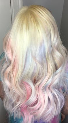 Pastel Pink And Purple Hair Highlights, Platinum Blonde With Pastel Highlights, Hair With Pink Highlights Blonde, Pink And Purple Highlights Blondes, Blonde Pink And Blue Hair, Pink Hair With Blue Highlights, Blonde Hair Pastel Highlights, Blonde Pastel Hair, Pink And Blue Hair Highlights