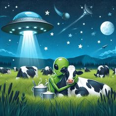 an alien sitting in the grass next to a cow