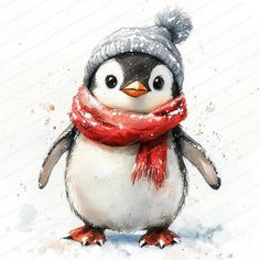 a watercolor painting of a penguin wearing a red scarf and a gray knitted hat