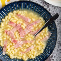 a bowl of macaroni and cheese with ham