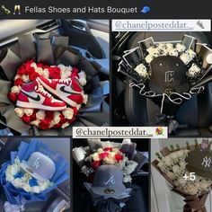 several pictures of flowers and hats in the car