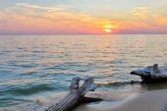 the sun is setting over the ocean with driftwood in the foreground and water on the other side