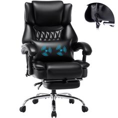 a black leather office chair with eyes drawn on the back and armrests, in front of a white background