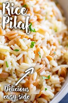 rice pilaf in a bowl with the title below it