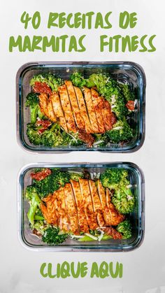 two plastic containers filled with chicken and broccoli on top of a white table