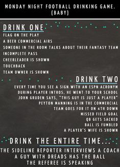 a blackboard with drinks and menus on it that says drink the night football drinking game