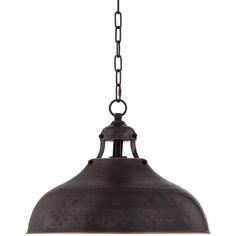 an industrial style pendant light with chain hanging from the bottom, and a white background