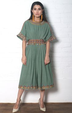 Chandrima-Sage Green Pleated Dress & Belt-INDIASPOPUP.COM Green Pleated Dress, Midi Dress For Women, International Style, Green Fits, Dress Belt, Pleated Midi Dress, Green Midi Dress, Tiered Maxi Dress, Indian Designer