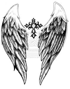 two angel wings with crosses on each side and stars in the middle, tattoo style