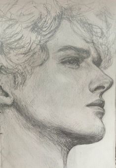 a pencil drawing of a woman's face with curly hair and eyes closed to the side