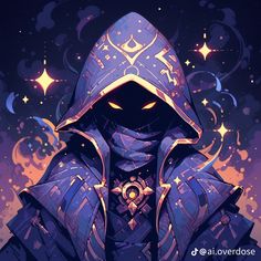 an illustration of a hooded man with glowing eyes and a hood over his head, in front of stars