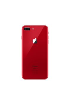 an iphone is shown in red on a white background with the back side facing up