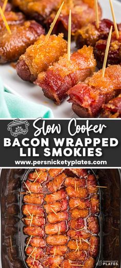 bacon wrapped in toothpicks on skewers with text overlay