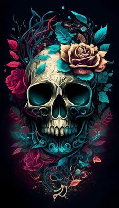 a skull with roses on it's head