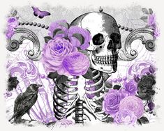 a drawing of a skeleton with flowers and a bird on it's shoulder, surrounded by purple roses