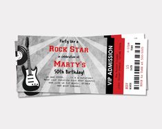 a rock star party ticket with an electric guitar on the front and red stripe around it