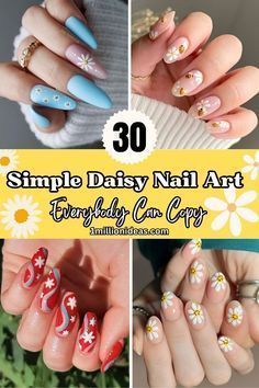 Oval Daisy Nails, Simple Daisy Nail Art, Dasie Flower Nails, Daisy Tip Nails, Diy Daisy Nail Art, Daisy Dip Nails, Daisy French Manicure, Daisy Spring Nails, Daisies Nail Art