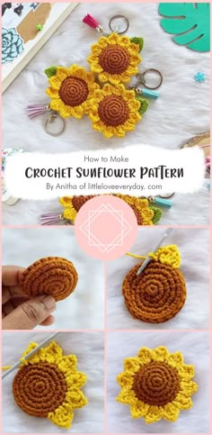 the crochet sunflower pattern is shown with instructions to make it in this video