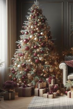 a decorated christmas tree with presents under it