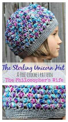 a girl wearing a crochet hat with the text, the sterling unicorn hat