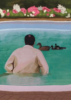 a painting of a man sitting in the water with ducks swimming behind him and pink flowers