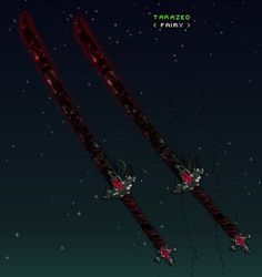 two red skis flying through the air with stars in the night sky behind them