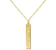 This charming necklace has your name on it--literally, thanks to a personalized pendant. Elegant Personalized Rectangular Name Necklace, Elegant Personalized Bar Necklace With Rectangular Pendant, Elegant Rectangular Pendant Name Necklace For Personalized Gift, Elegant Bar Necklace With Rectangular Pendant For Personalized Gift, Elegant Rectangular Name Necklace, Elegant Personalized Yellow Gold Bar Necklace, Elegant Customizable Rectangular Name Necklace, Elegant Rectangular Bar Necklace As Personalized Gift, Elegant Customizable Bar Necklace For Personalized Gift